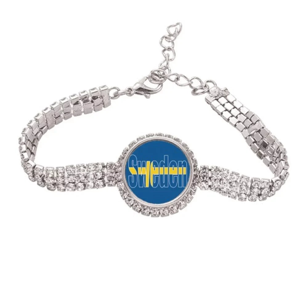 Sweden Country Flag Name Art Deco Fashion Tennis Chain Anklet Diamond Jewelry
