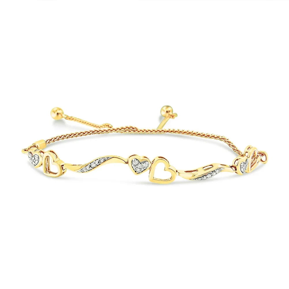 14K Yellow Gold Plated .925 Sterling Silver 1/10 Cttw Diamond Wave and Hearts 4"-10" Adjustable Bolo (I-J Color, I3 Clarity)