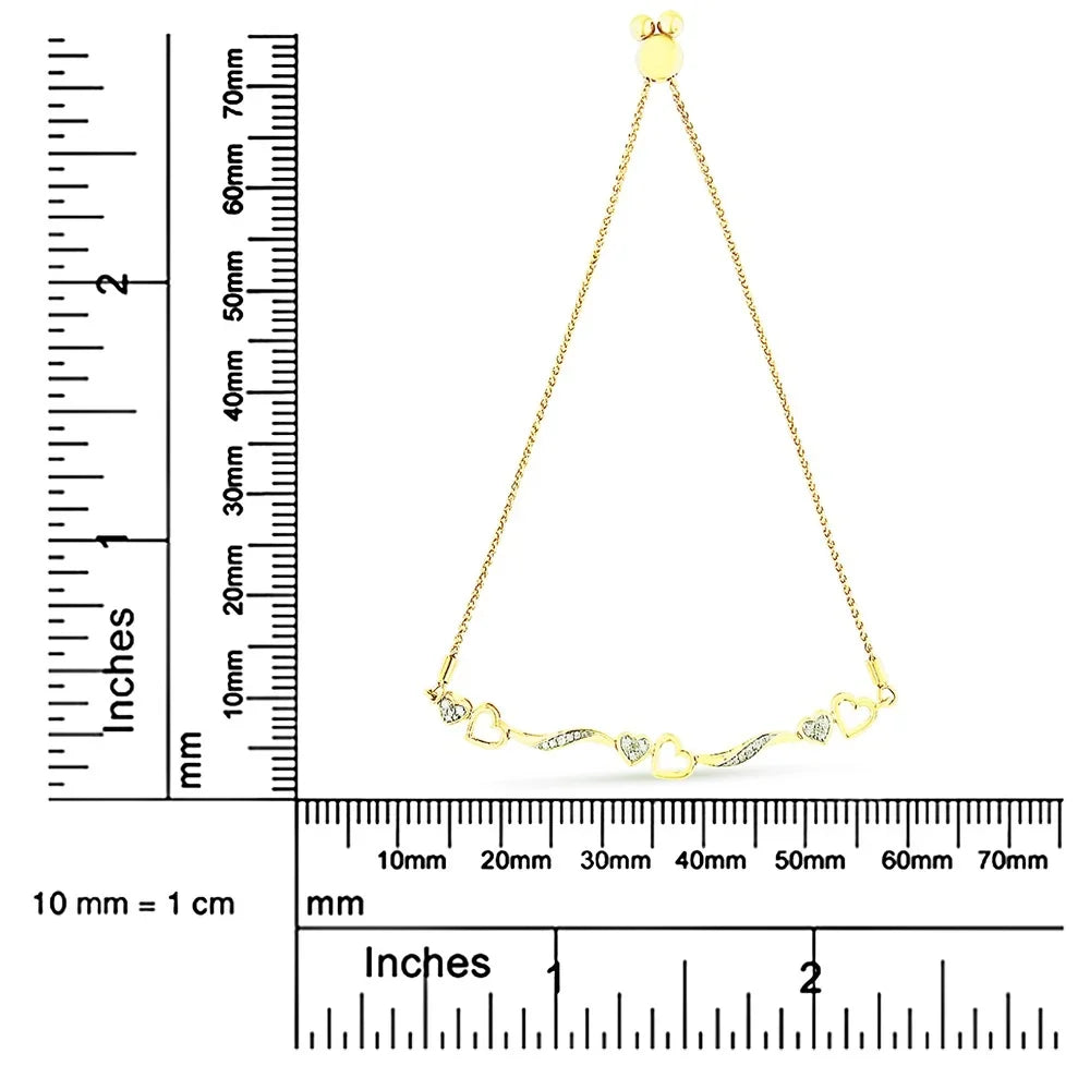 14K Yellow Gold Plated .925 Sterling Silver 1/10 Cttw Diamond Wave and Hearts 4"-10" Adjustable Bolo (I-J Color, I3 Clarity)