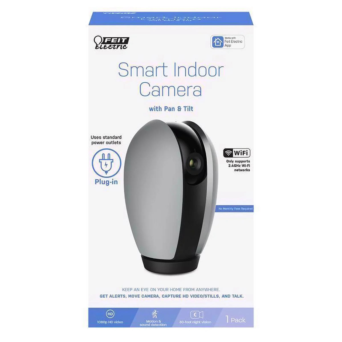 1 Pc, Feit Smart Home Plug-In Indoor Wi-Fi Security Camera With Pan & Tilt
