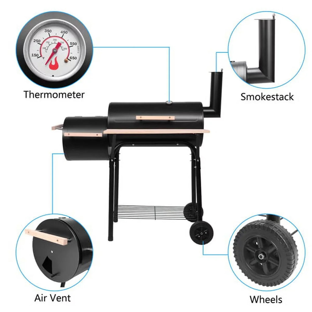 Grill, DFITO Charcoal BBQ Grill Outdoor Charcoal Grill with Smoker, 24.4" L x 29.6" H BBQ Grill with Side Burner/Thermometer, Small Grills Outdoor Cooking for Camp Backyard, Black
