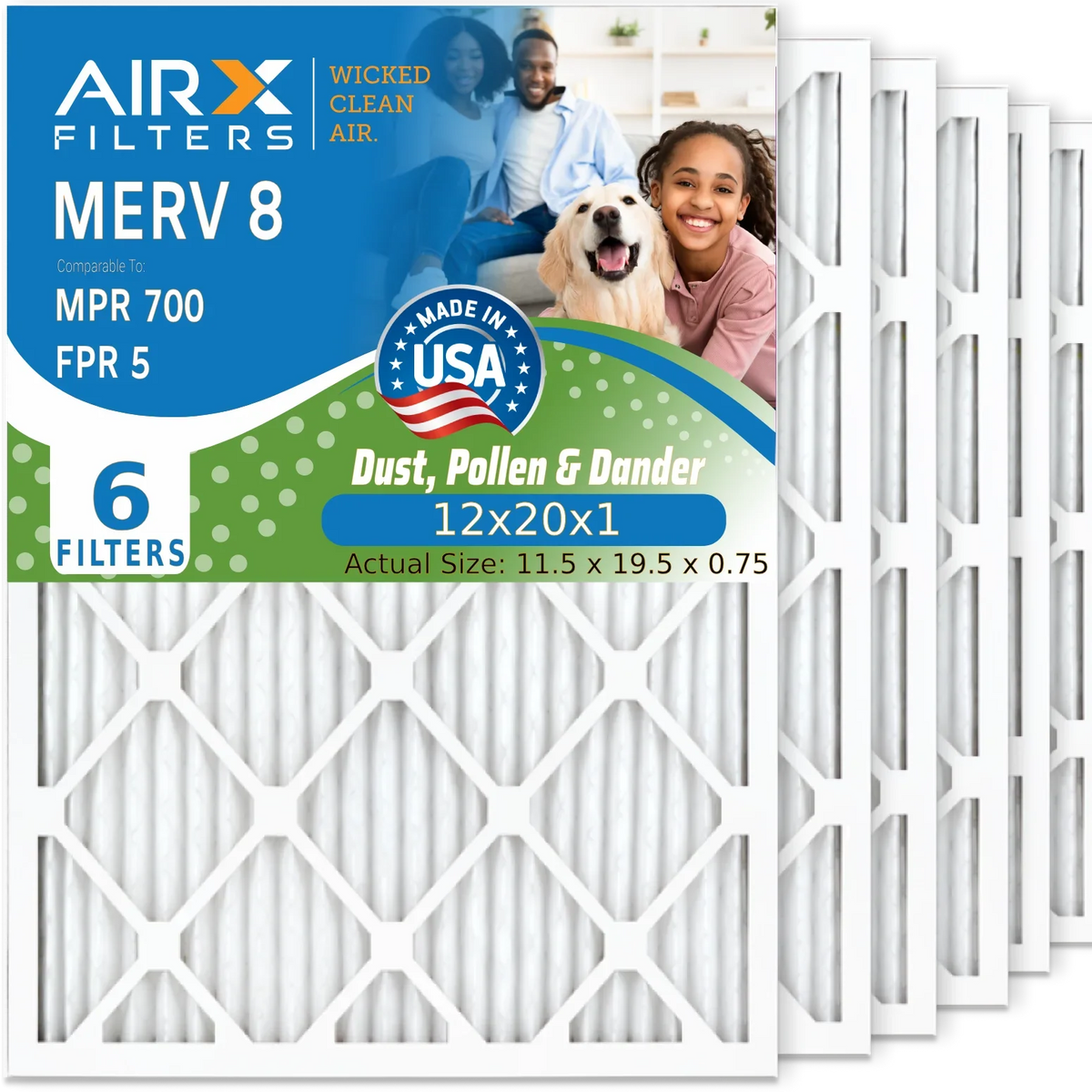 12x20x1 Air Filter MERV 8 Comparable to MPR 700 & FPR 5 Electrostatic Pleated Air Conditioner Filter 6 Pack HVAC AC Premium Made 12x20x1 Furnace Filters by AIRX FILTERS WICKED CLEAN AIR.