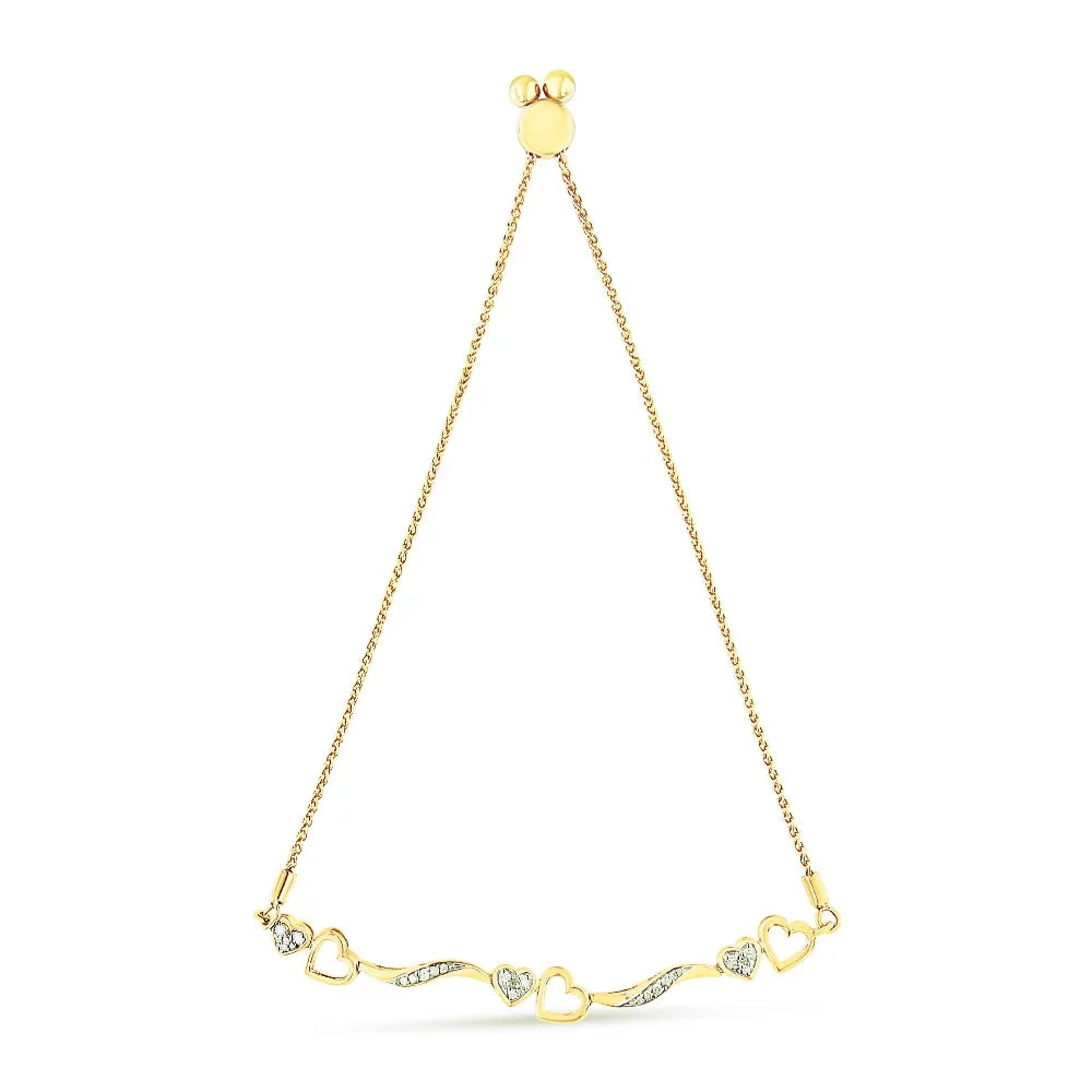 14K Yellow Gold Plated .925 Sterling Silver 1/10 Cttw Diamond Wave and Hearts 4"-10" Adjustable Bolo (I-J Color, I3 Clarity)