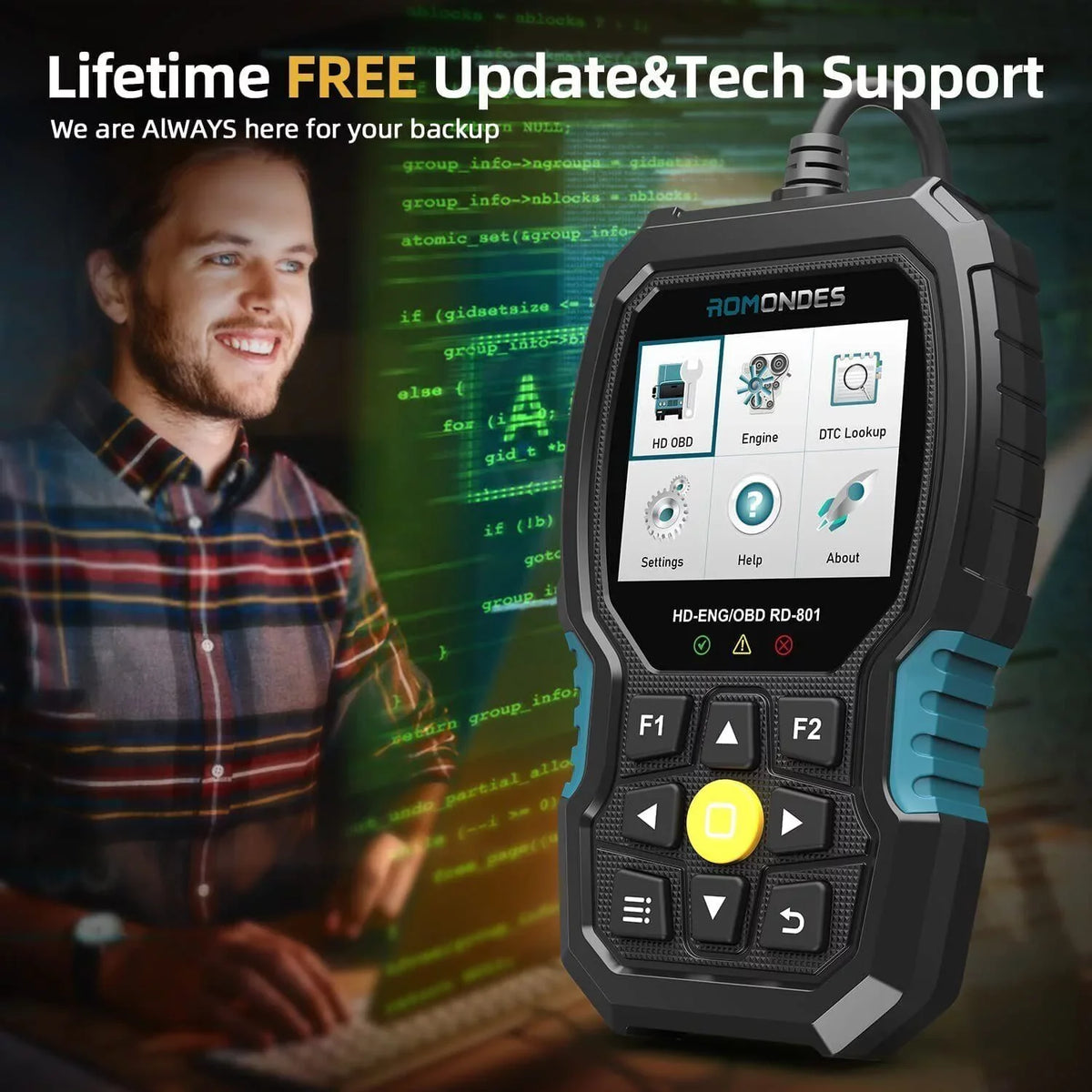Romondes RD801 OBD2 Scanner Code Reader Heavy Duty Truck Diesel Truck Scanner Diagnostic Tool