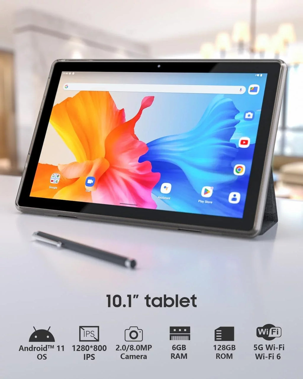 10 Inch Android 11 Tablet PC, 6GB RAM 128GB ROM/1TB Expandable Computer Tablets, BT 5G Wi-Fi 6 Quad Core Tableta, IPS HD Touch Screen, 8MP Camera, Google GMS Certified Tablets with Leather Case(Black)