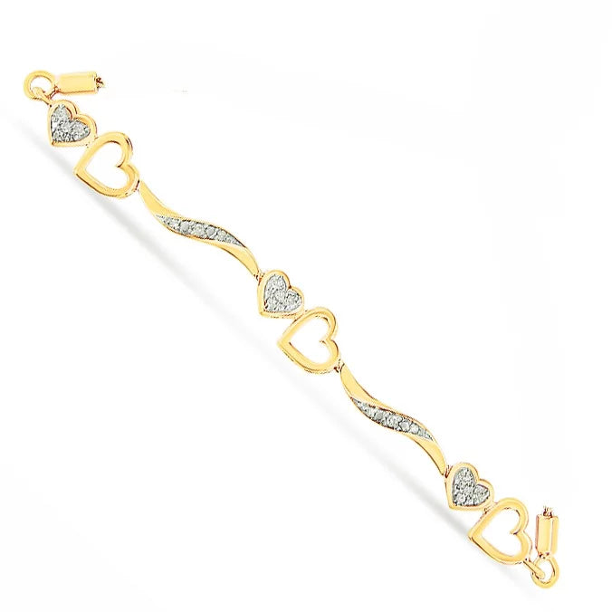 14K Yellow Gold Plated .925 Sterling Silver 1/10 Cttw Diamond Wave and Hearts 4"-10" Adjustable Bolo (I-J Color, I3 Clarity)