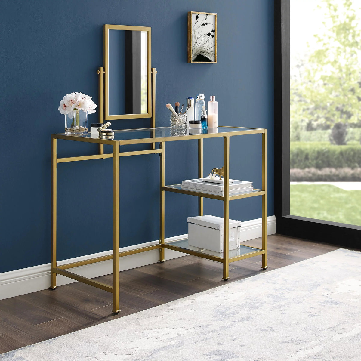 Crosley Furniture Aimee 2-Piece Tempered Glass Vanity Desk/Mirror in Soft Gold