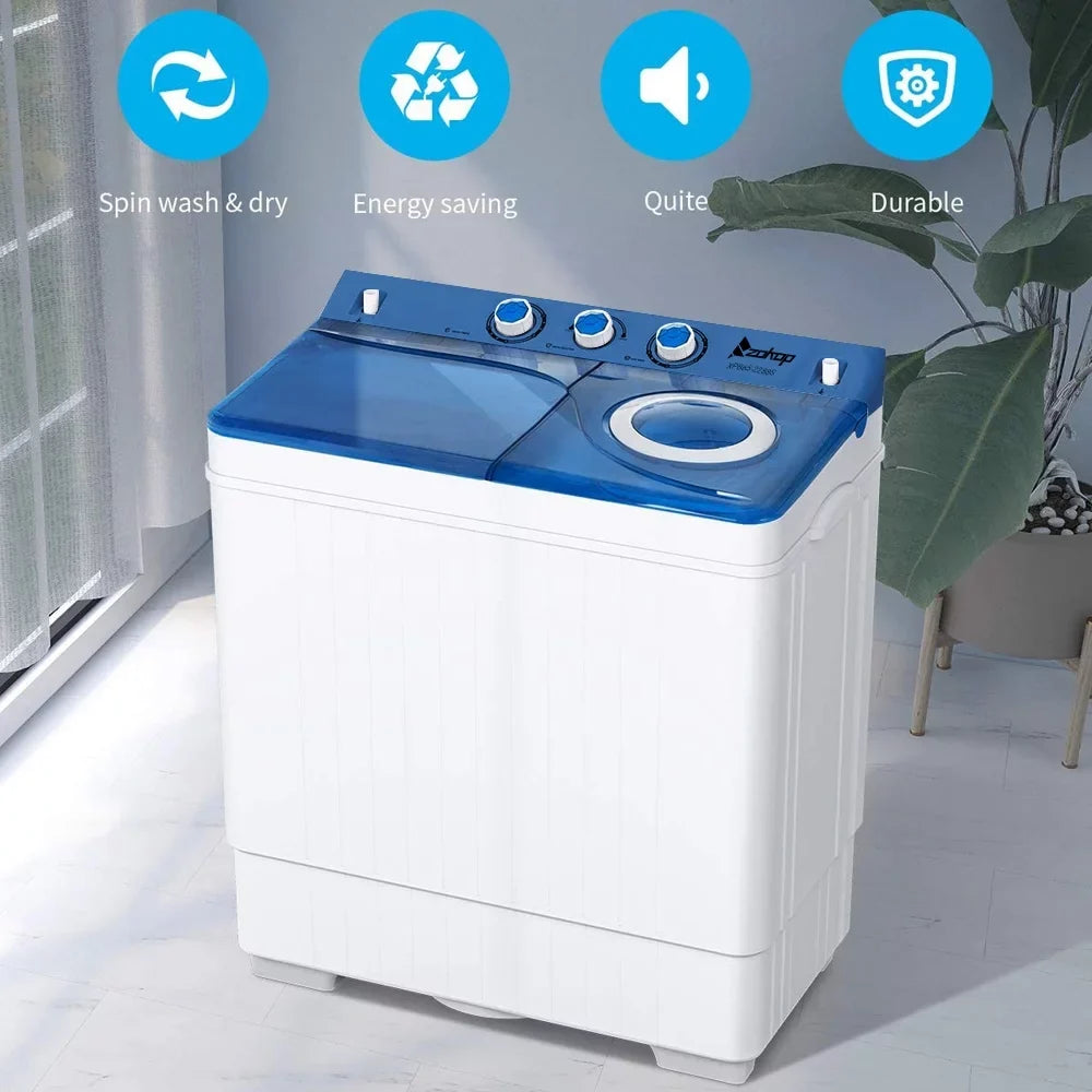 BMTBUY Twin Tub with Built-in Drain Pump XPB65-2288S 26Lbs Semi-automatic Twin Tube Washing Machine for Apartment, Dorms, RVs, Camping and More, White&Blue