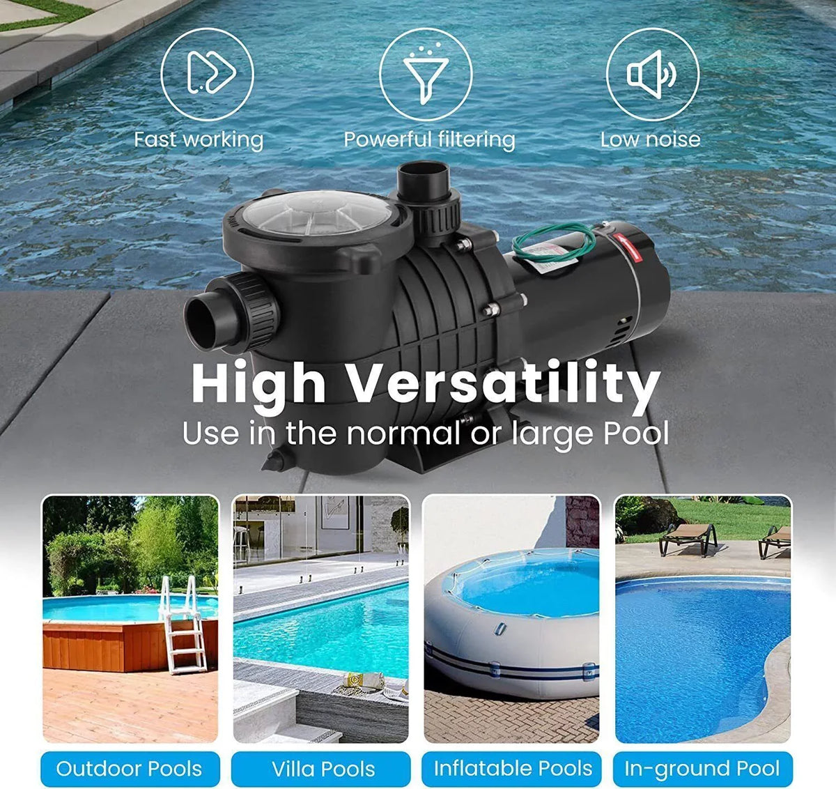 Wuzstar 2HP Pool Pump In/Above Ground Swimming Pool Pumps Motor W/Strainer 410-300L/min 118GPM, 110-120V