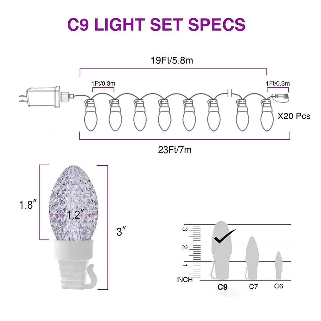 Eva's Light C9 Christmas Lights Outdoor, 23ft 20 Bulbs Color Changing LED String Lights Waterproof