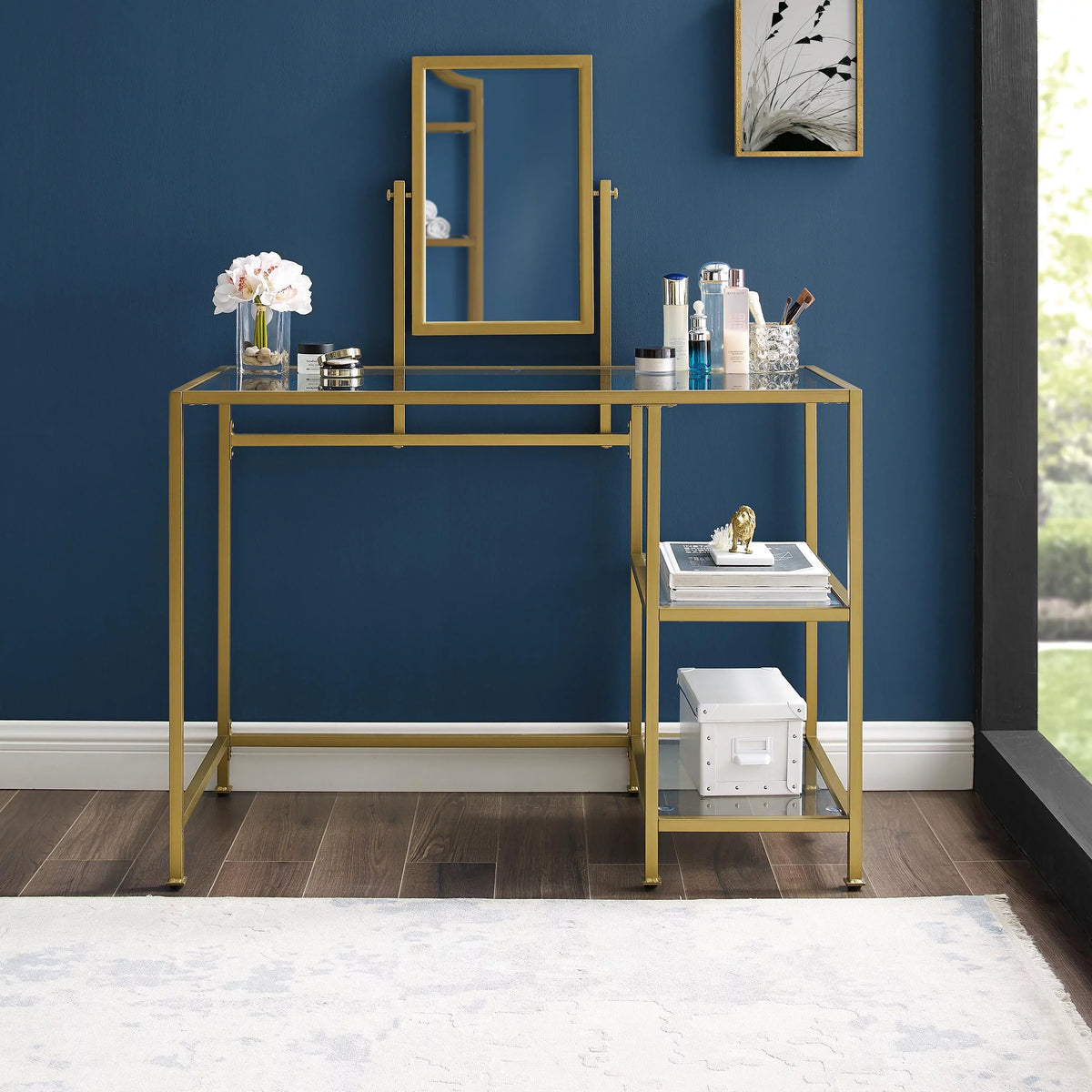 Crosley Furniture Aimee 2-Piece Tempered Glass Vanity Desk/Mirror in Soft Gold