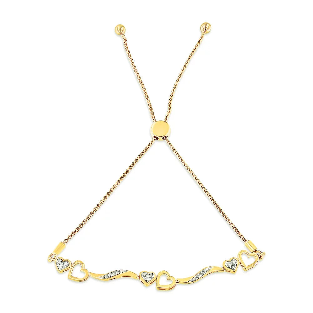 14K Yellow Gold Plated .925 Sterling Silver 1/10 Cttw Diamond Wave and Hearts 4"-10" Adjustable Bolo (I-J Color, I3 Clarity)