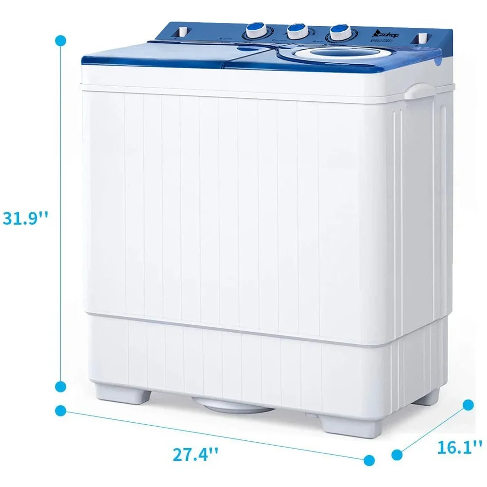BMTBUY Twin Tub with Built-in Drain Pump XPB65-2288S 26Lbs Semi-automatic Twin Tube Washing Machine for Apartment, Dorms, RVs, Camping and More, White&Blue