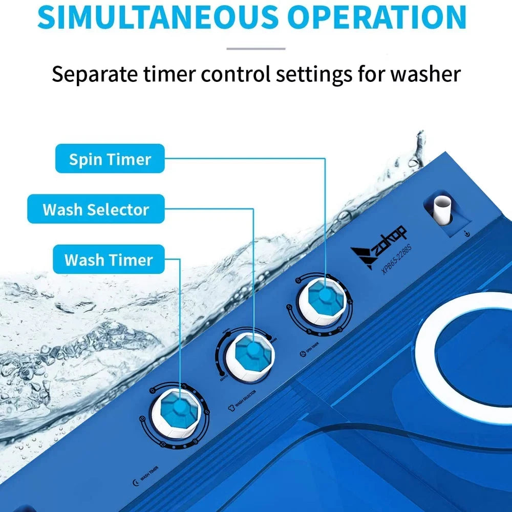 BMTBUY Twin Tub with Built-in Drain Pump XPB65-2288S 26Lbs Semi-automatic Twin Tube Washing Machine for Apartment, Dorms, RVs, Camping and More, White&Blue